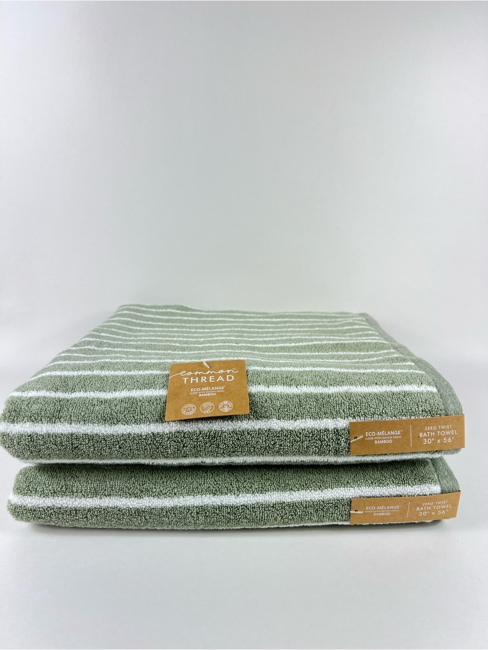 Common Thread Bamboo Bath Towel Set Green White Stripe Soft Cotton 2 Pc Set NEW